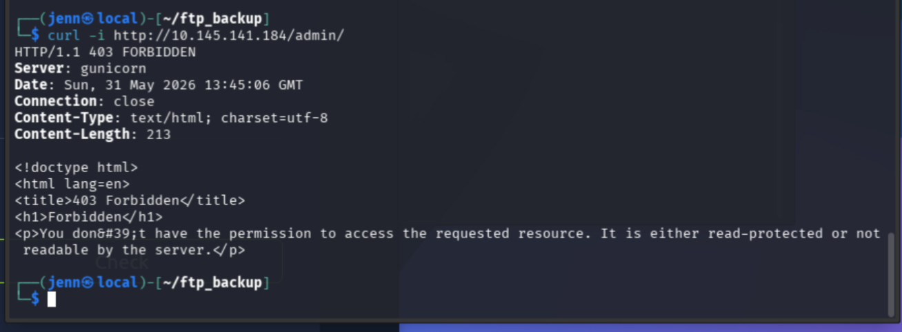 curl to /admin/ and /admin/notes both returning 403 Forbidden